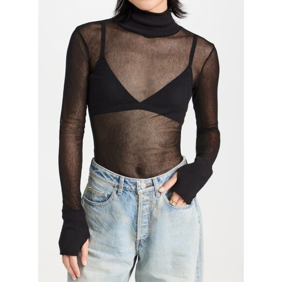 Enza Costa Cotton Mesh Cuffed Turtleneck Top Black Small - Picture 1 of 14